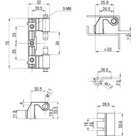 2401 Weld On Concealed Hinge 32x75mm with M6 Threaded Holes