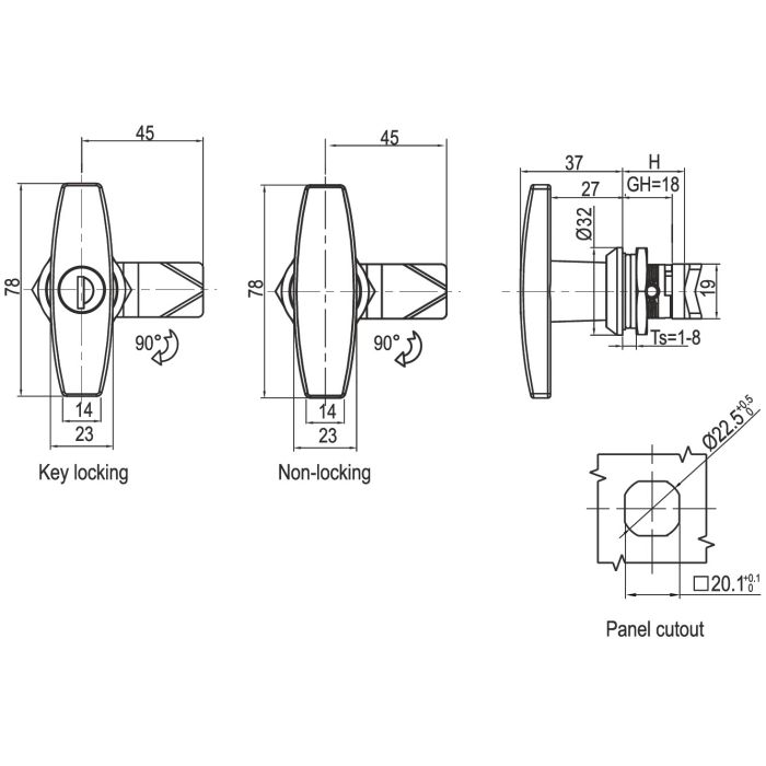 1301 Key Locking 333 T Handle Lock with 18mm Grip Height Metrol